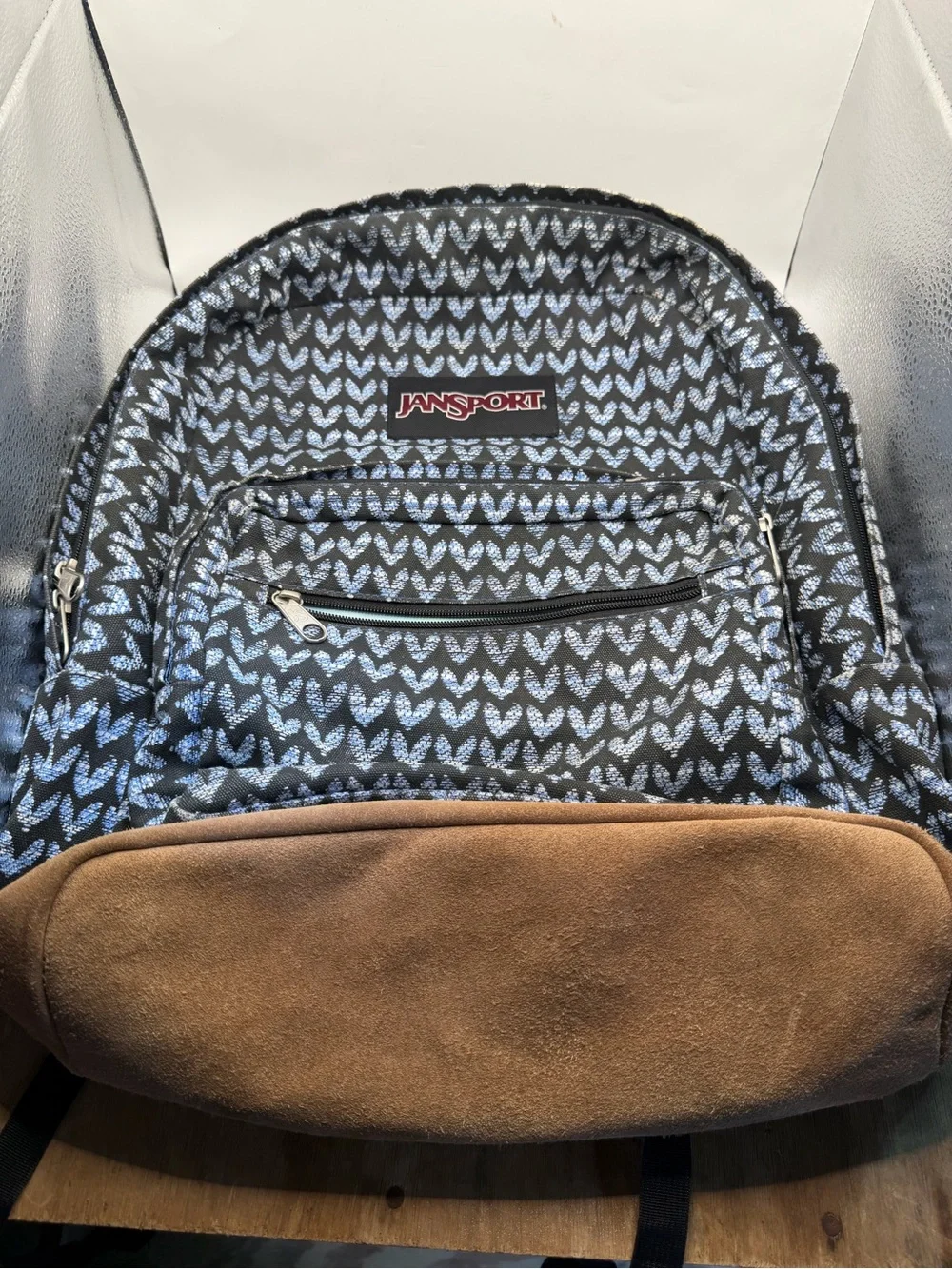 Jansport Originals Blue Heart Print Backpack Faux Suede Bottom Book Bag